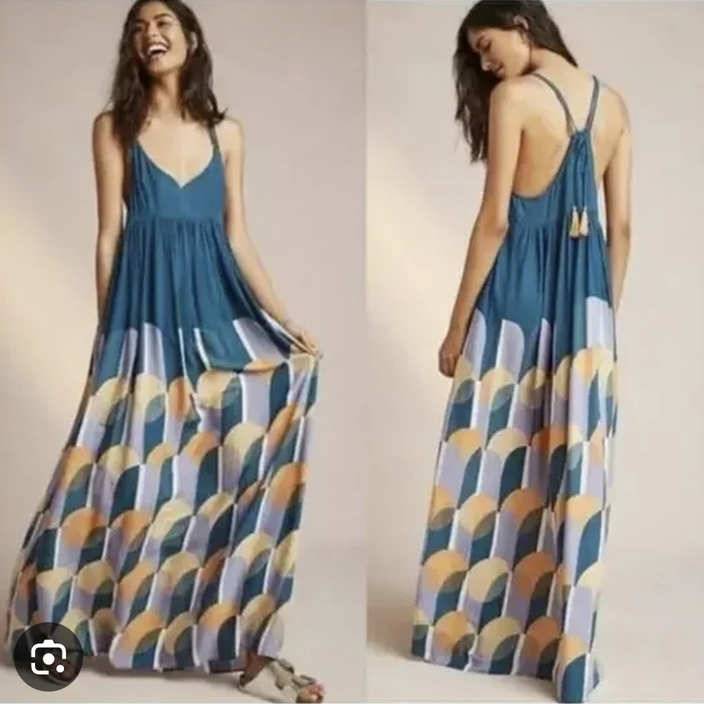 Anthropologie Teal Maxi Dress with Blue, Yellow and Cream Graphic Print